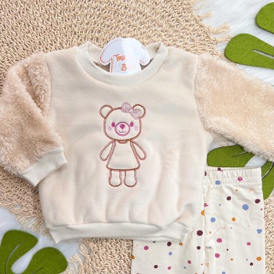 Conj. Casaco Ursinha de Pelinho e Calça Legging Confetes - Creme